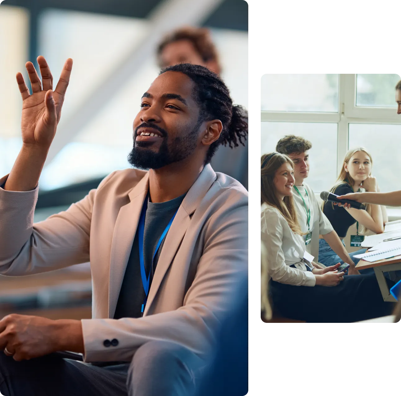 A person raising their hand in a meeting, with others attentively listening in the background.